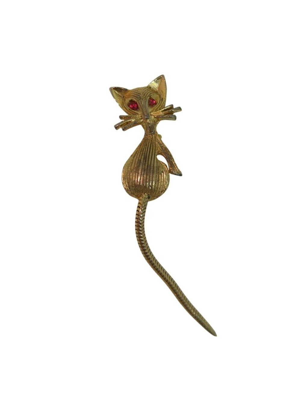 Vintage Cat Brooch Gold Tone Red Rhinestone Eyes Curved Articulated Tail Retro